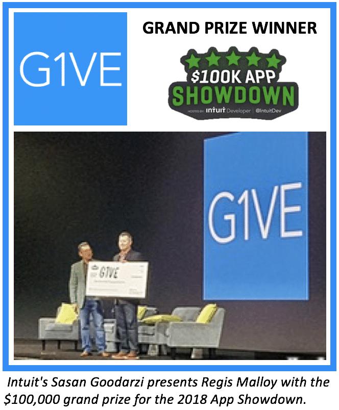 Intuit presents Regis Malloy with the grand prize for the 2018 app showdown